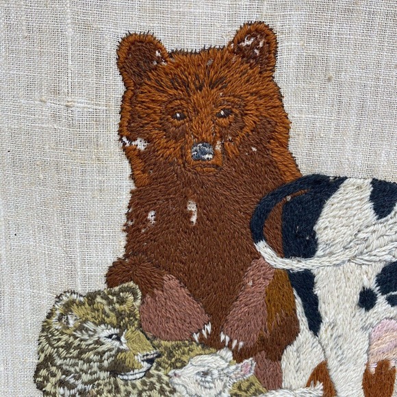 Vtg Framed Crewel Wall Hanging Isaiah 11:6-7 Biblical Large Finished Embroidery - Picture 8 of 16